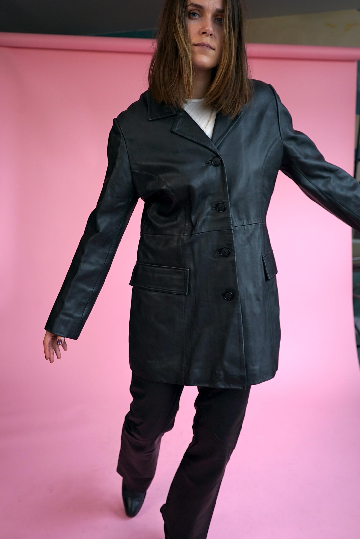 Vintage Women's Black Soft Leather Coat Size L