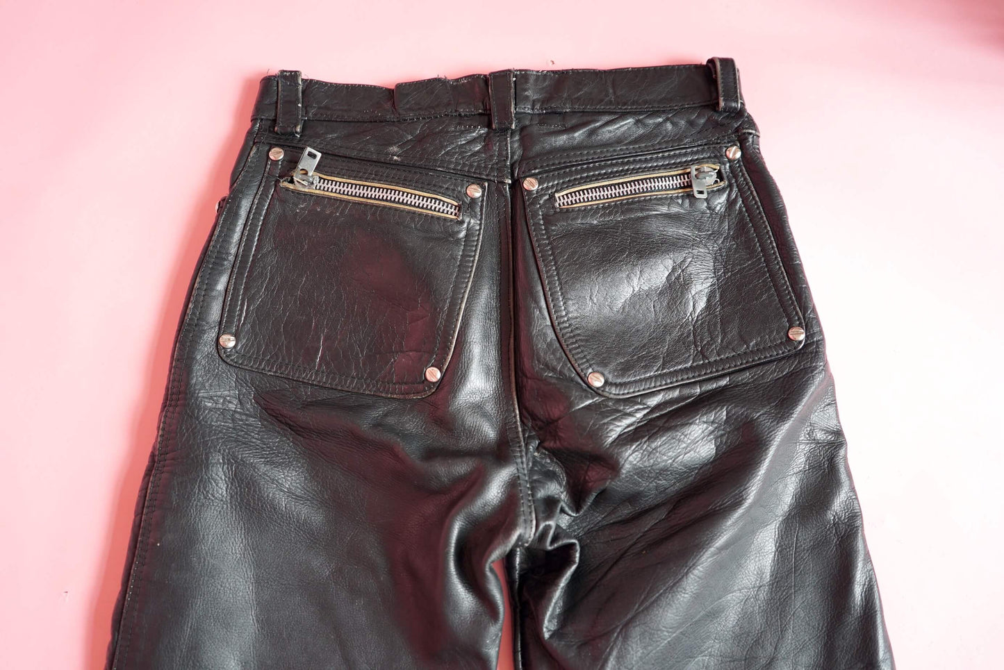 Black Motorcycle Style Thick Leather Trousers W26/27