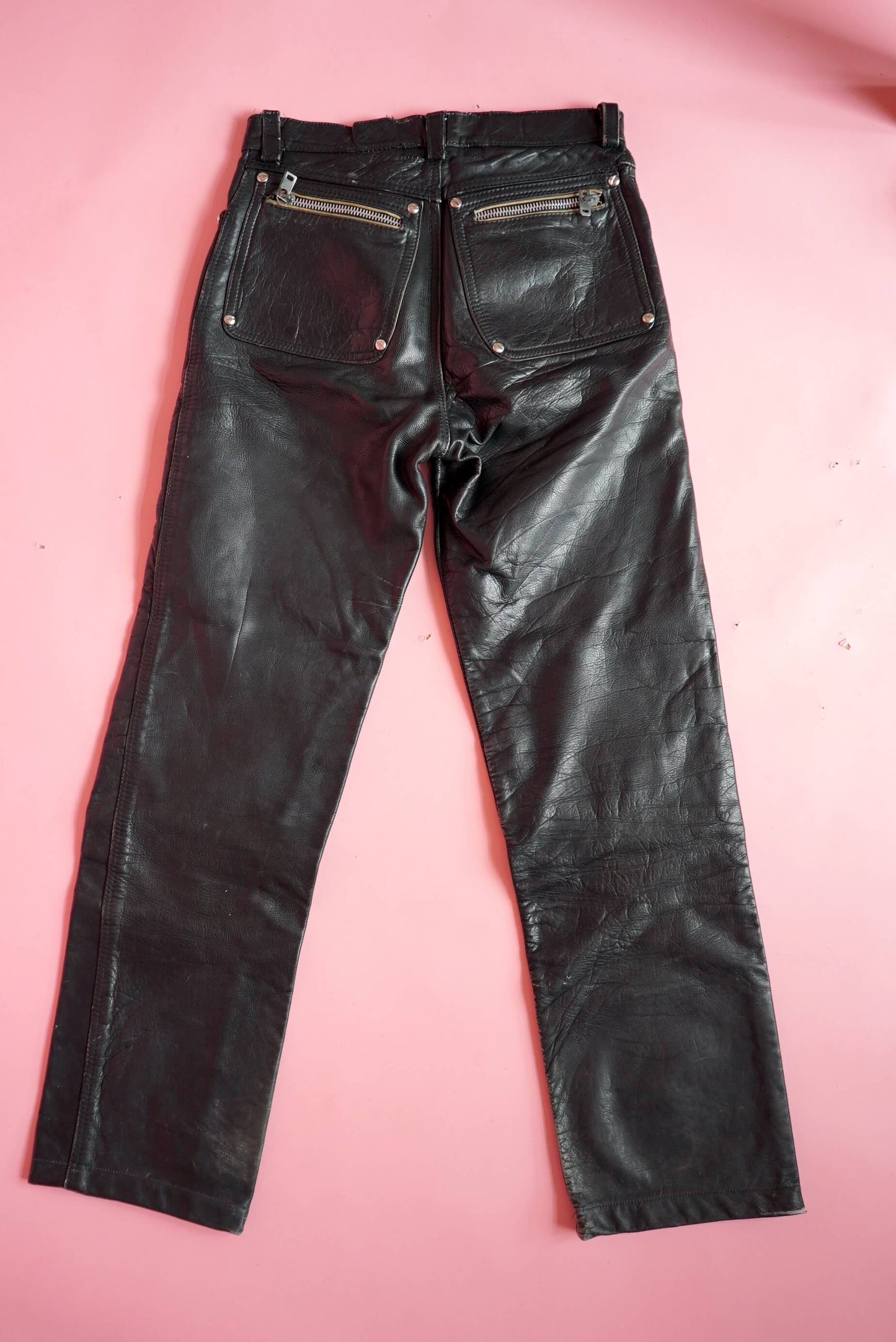 Black Motorcycle Style Thick Leather Trousers W26/27