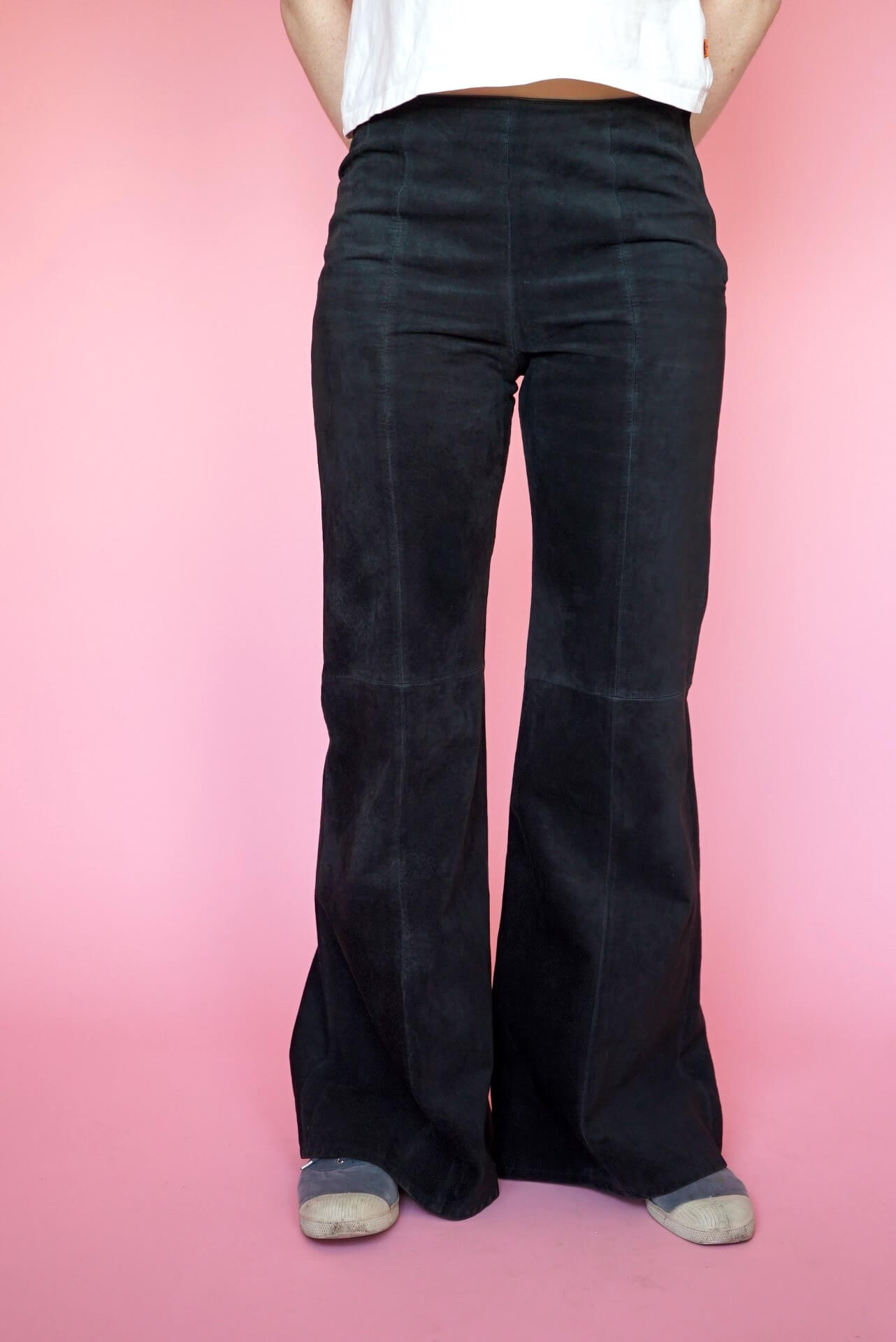 Vintage Black Suede Leather Flared Trousers Size 10