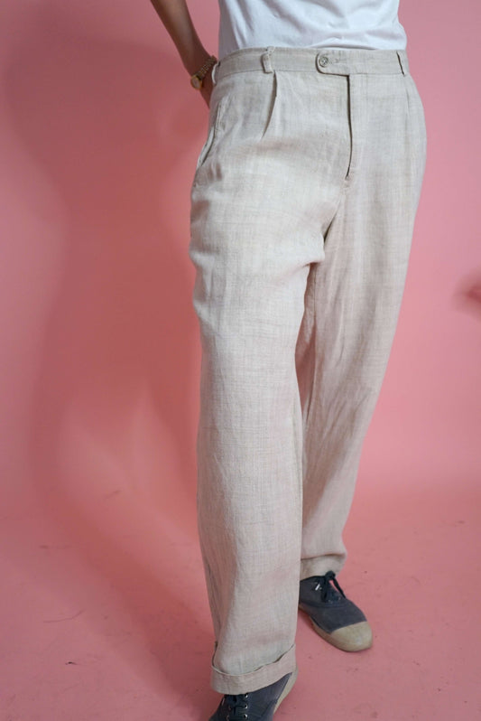 Vintage Beige Linen-Rich Casual Trousers W34-35 | Made in Germany