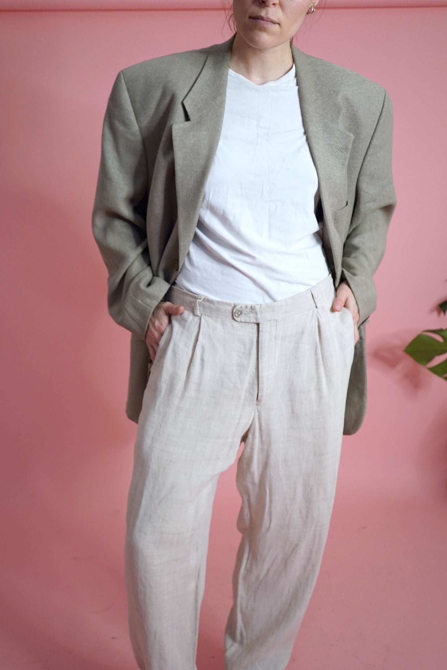 Vintage Beige Linen-Rich Casual Trousers W34-35 | Made in Germany