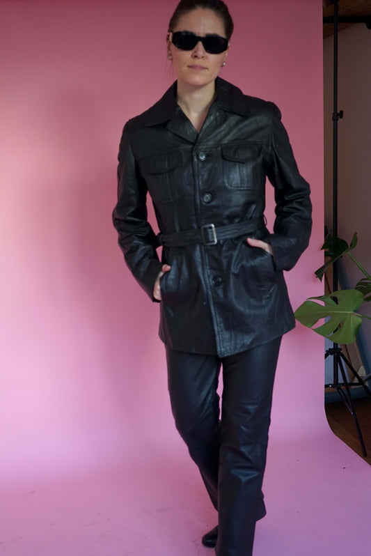 Vintage Black Leather Belted Women's Jacket Coat Size M
