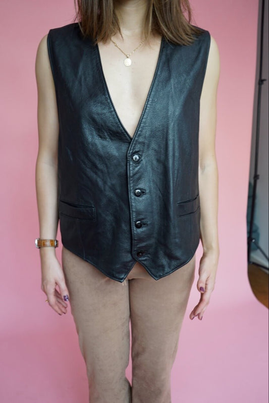 Vintage Black Soft Leather Waistcoat Deep V Neck Size XL