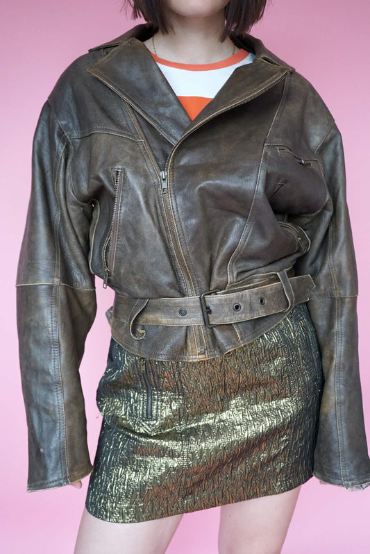 Vintage Distressed Brown Leather Biker Jacket