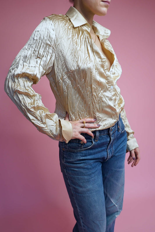 Vintage Silky Gold Crinkled Blouse Shirt Size L