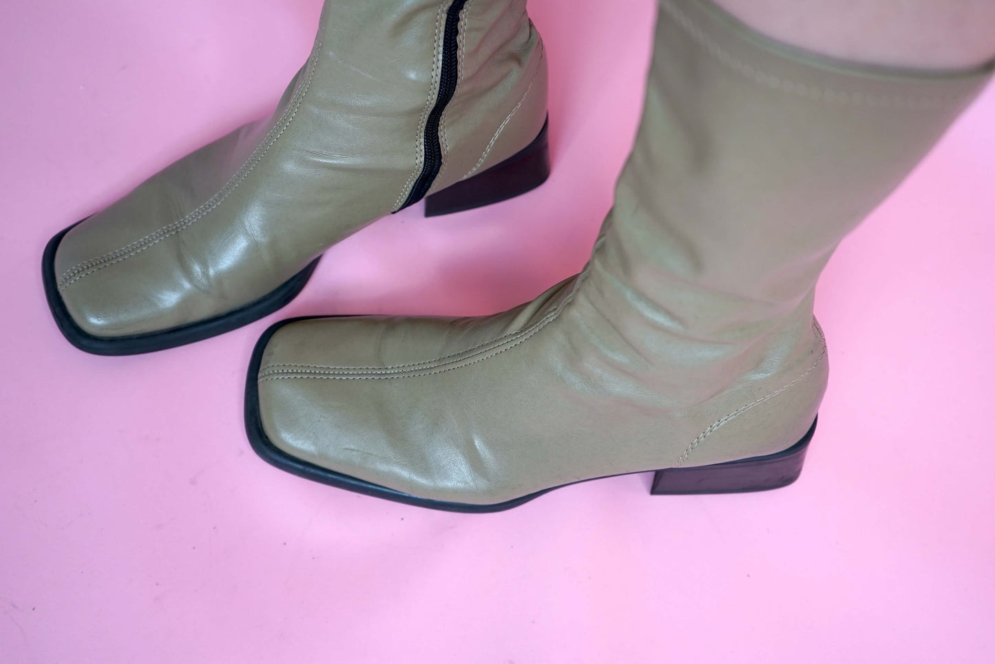 Vintage Square Toe Khaki Beige Sock Ankle Boots Low Heel Size 8/41