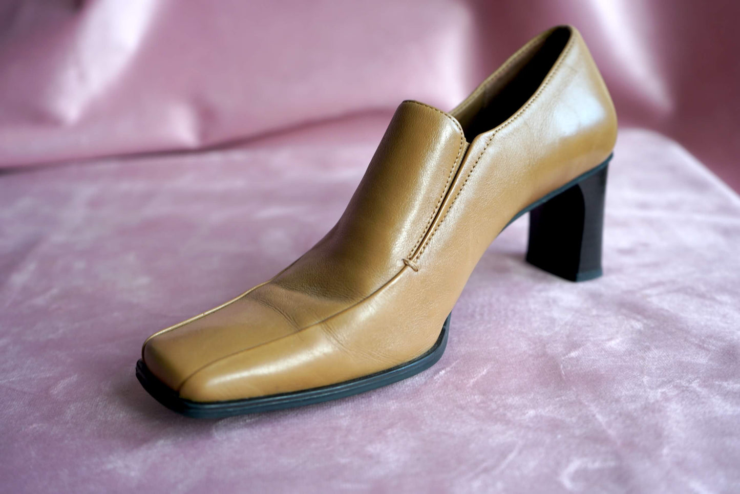 Vintage Tanned Square-Toed Leather Heeled Shoes Size 4
