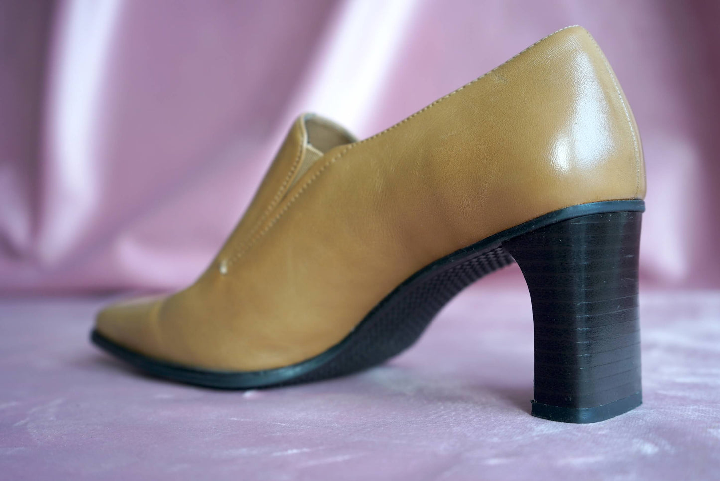 Vintage Tanned Square-Toed Leather Heeled Shoes Size 4