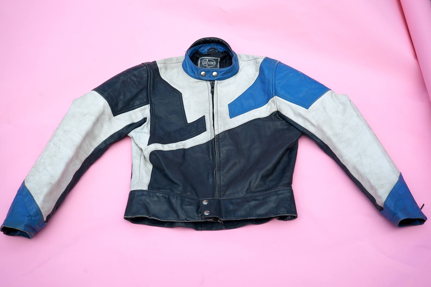 Vintage Imatra Racing Women's Motorcycle Leather Jacket Size S-M Blue White