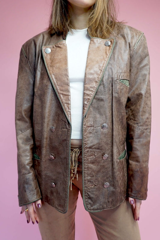 Vintage Brown Double Breasted Leather Jacket With Unique Details Size XL