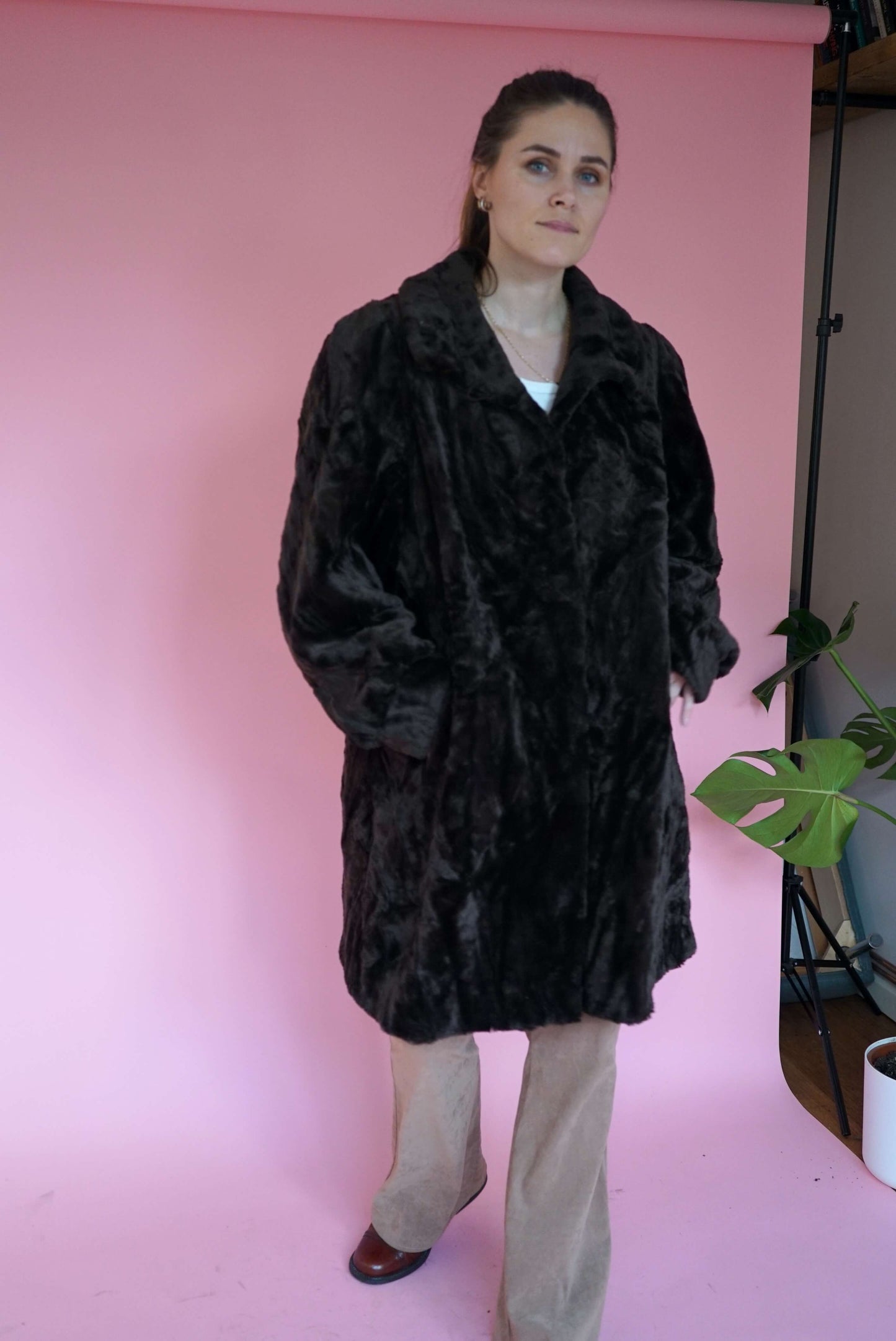 Vintage Dark Brown Faux Fur Coat Jacket Mid Length Size L-XL