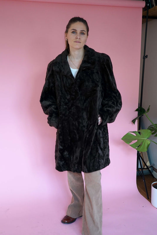 Vintage Dark Brown Faux Fur Coat Jacket Mid Length Size L-XL